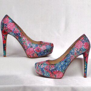 GB 7M ultra-high-heel hidden-platform pumps multicolor mottling faux gemstones
